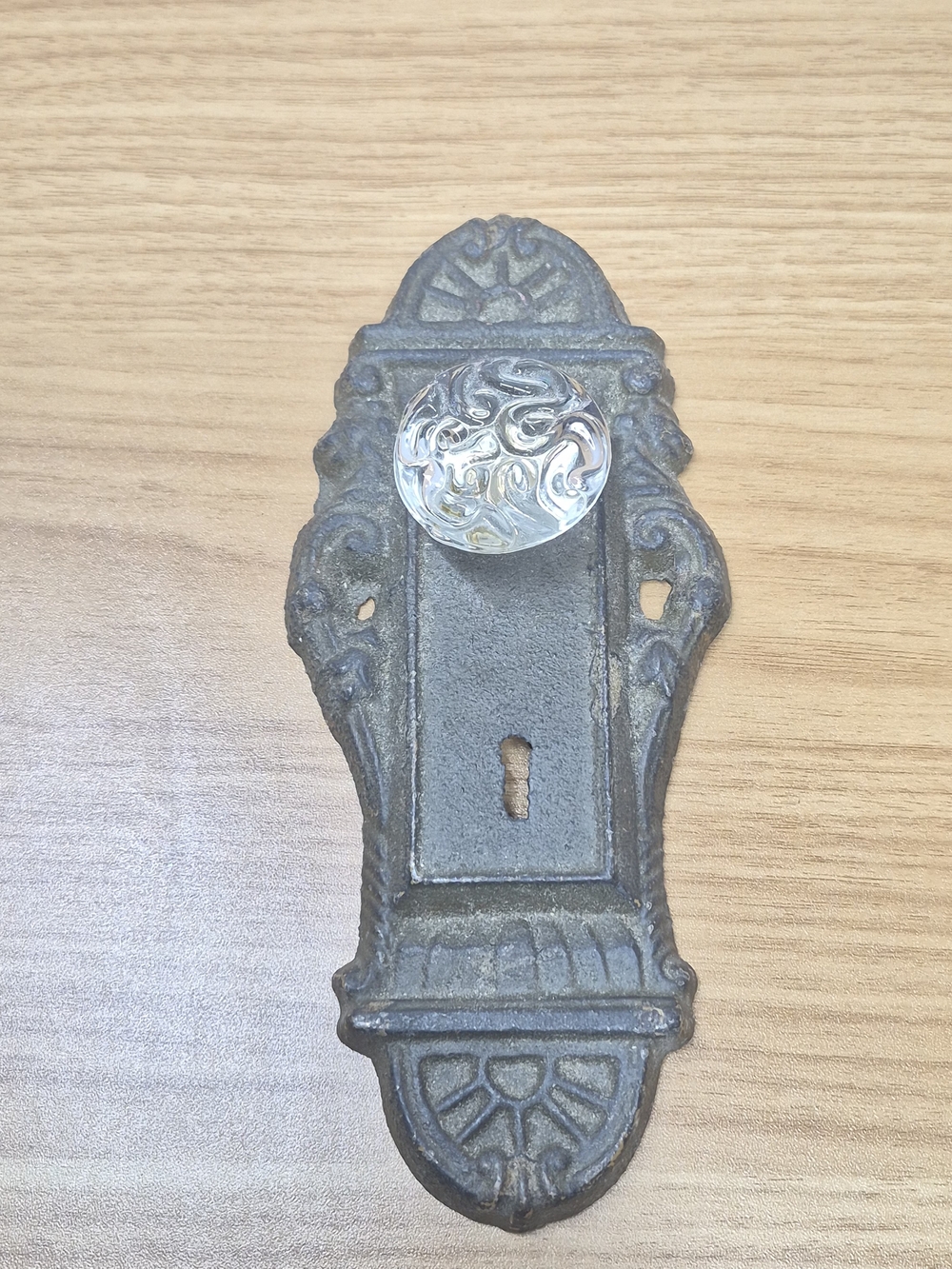 Antique-Style Glass Knob Wall Plate Hook in Clear Glass and Cast Iron